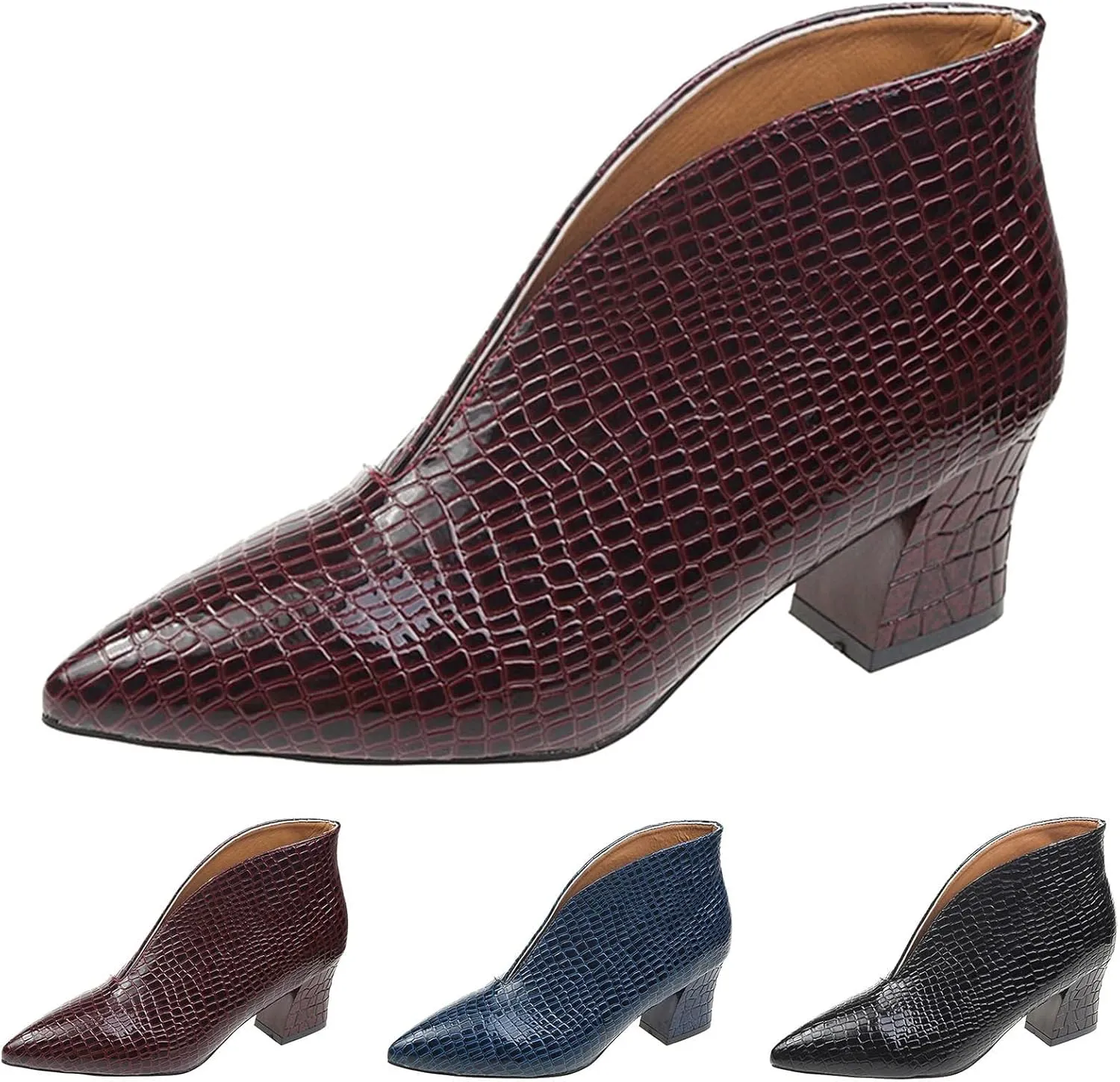 Ankle Boots for Women Dressy Autumn Chunky Mid Heel Snake Solid Color Pointed Toe Comfortable V Cutout Short Boots