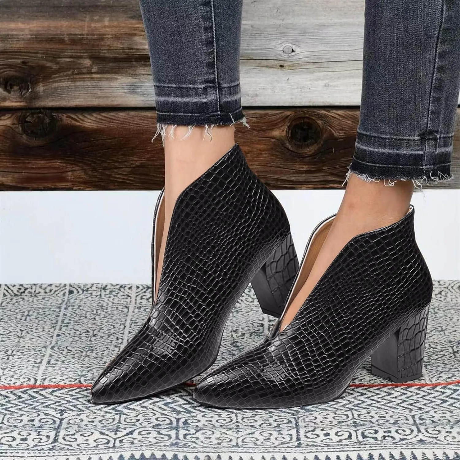 Ankle Boots for Women Dressy Autumn Chunky Mid Heel Snake Solid Color Pointed Toe Comfortable V Cutout Short Boots