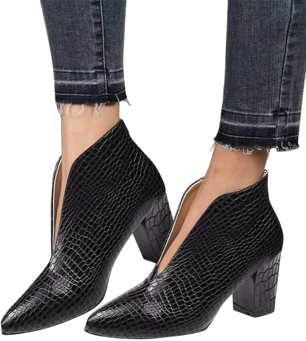Ankle Boots for Women Dressy Autumn Chunky Mid Heel Snake Solid Color Pointed Toe Comfortable V Cutout Short Boots