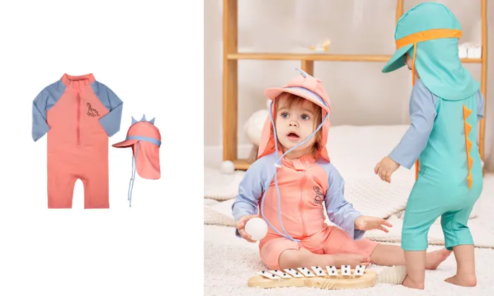 Baby Boys' and Girls' Long-Sleeved Dinosaur Swimsuit
