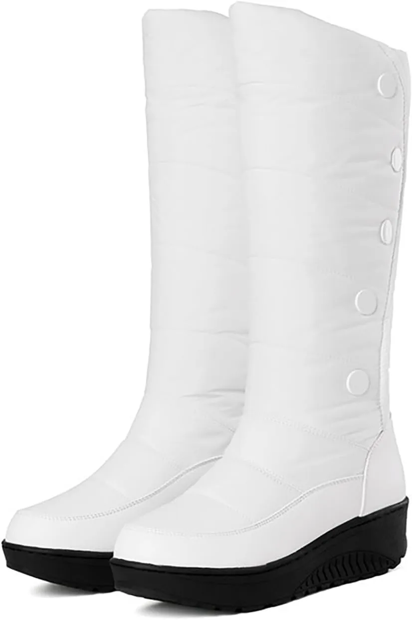 Helenbra Women's Waterproof Down Cotton Platform Mid-Calf Boots,Hand Stitching Leather Stitching Plush Lined Warm Mid Calf Boots Fashion Outdoor Non Slip Winter Snow Boots