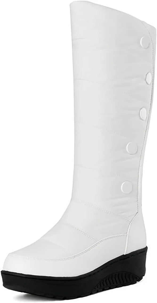 Helenbra Women's Waterproof Down Cotton Platform Mid-Calf Boots,Hand Stitching Leather Stitching Plush Lined Warm Mid Calf Boots Fashion Outdoor Non Slip Winter Snow Boots