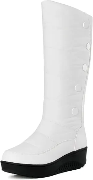 Helenbra Women's Waterproof Down Cotton Platform Mid-Calf Boots,Hand Stitching Leather Stitching Plush Lined Warm Mid Calf Boots Fashion Outdoor Non Slip Winter Snow Boots