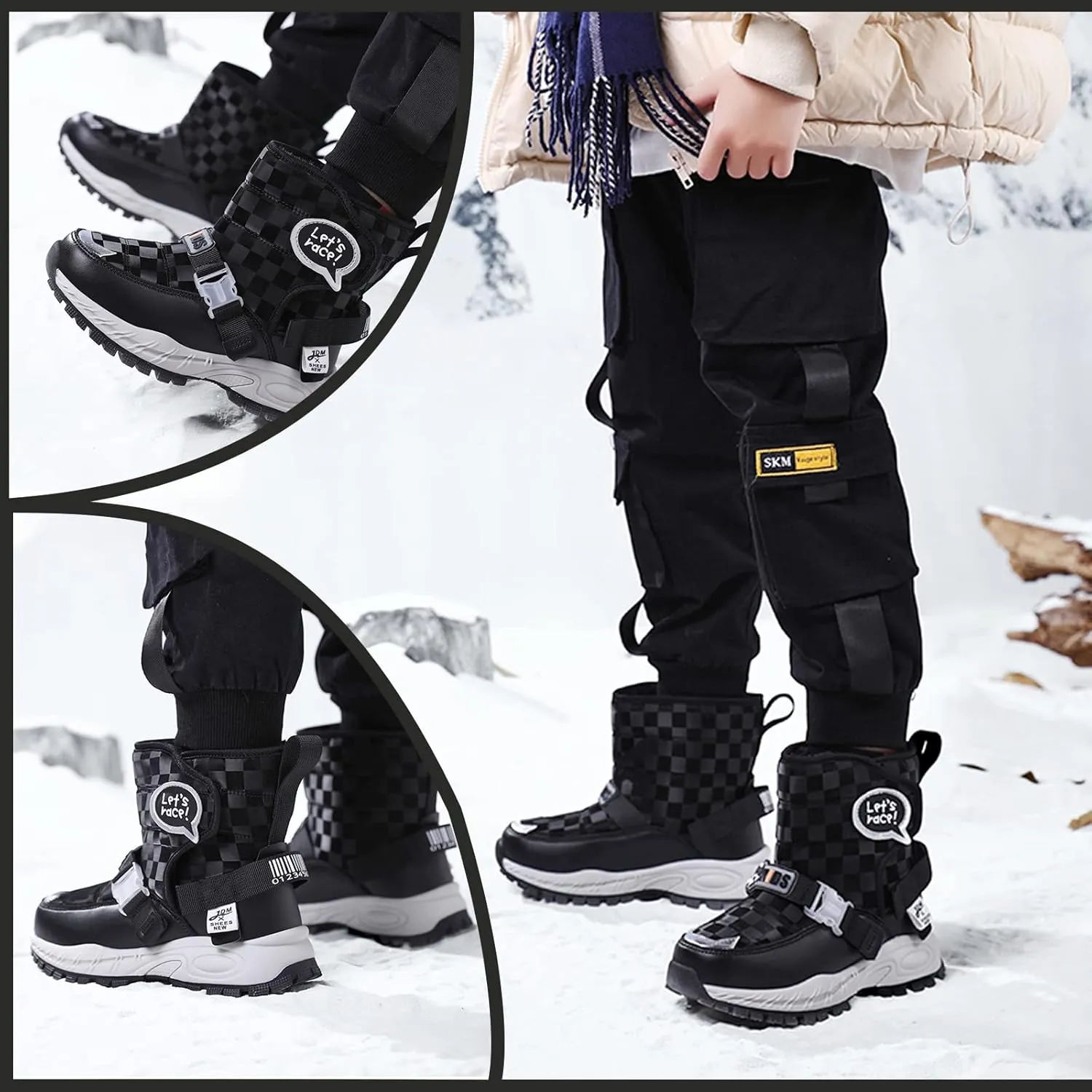 Mnplciea Kids Snow Boots Boys Girls Warm Fur Lined Winter Boots Outdoor Waterproof Slip Resistant Lightweight Cold Weather Shoes