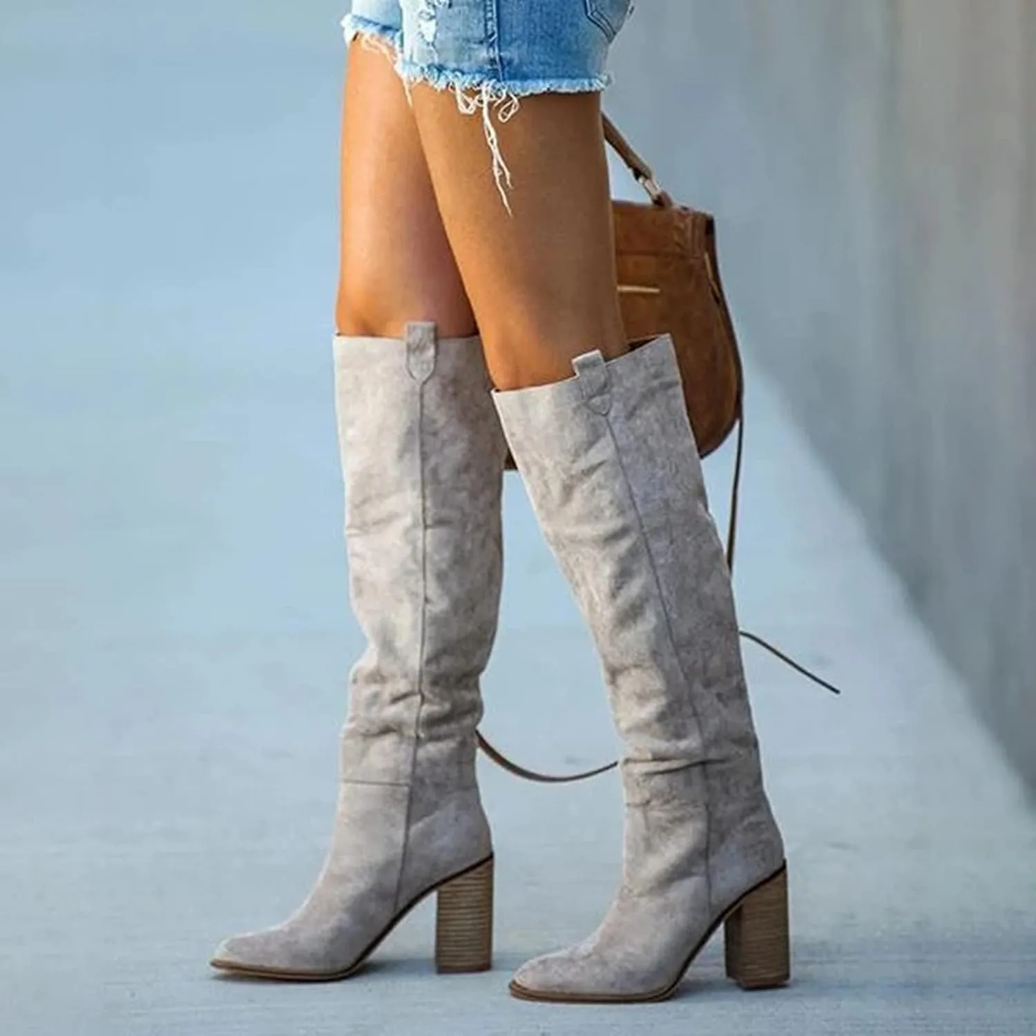oiangi Boots for Women Knee High Fashion Solid Color Round Toe Suede Chunky High Heel Long Boots Autumn Sexy Comfortable Slip-On Thick Heel Shoes