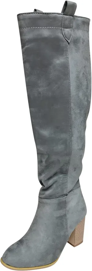 oiangi Boots for Women Knee High Fashion Solid Color Round Toe Suede Chunky High Heel Long Boots Autumn Sexy Comfortable Slip-On Thick Heel Shoes